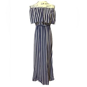 Alice + Olivia Grazi navy & white striped off-shoulder tie-back maxi dress, sz2